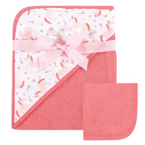 Hudson Baby Infant Girl Cotton Hooded Towel and Washcloth 2pc Set, Unicorn, One Size - Unicorn - One Size