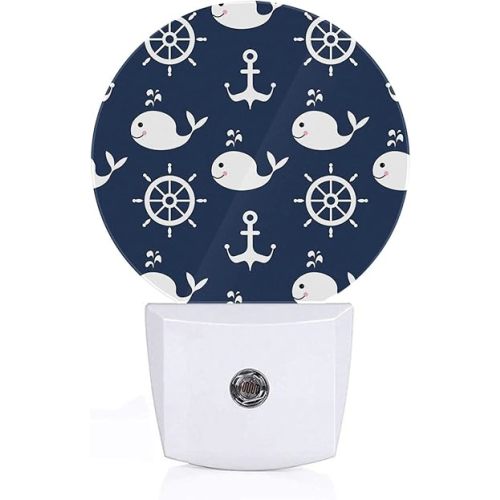 Axayaz Whale LED Night Light Nautical Anchor Marine Wheels Navy Blue Dusk to Dawn Round Lamp Auto Sensor for Bathroom Hallway Living Room