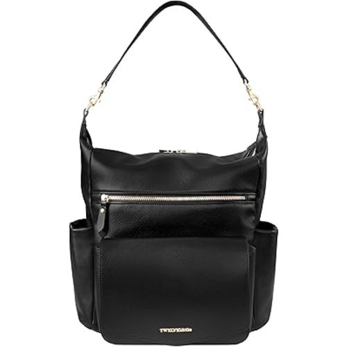 TWELVElittle Peek A Boo Convertible Hobo Diaperbag Backpack with Changing Pad, Wipes Case and Stroller Clips, Vegan Leather- Black
