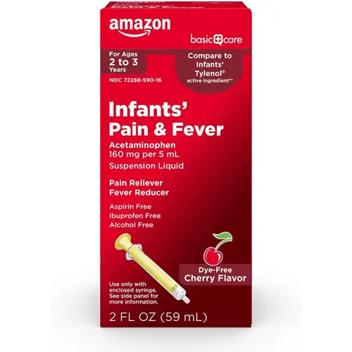 Amazon Basic Care Infants' Pain & Fever, Acetaminophen 160 mg per 5 mL, Suspension Liquid, Dye-Free Cherry Flavor, 2 fl oz (Pack of 1)