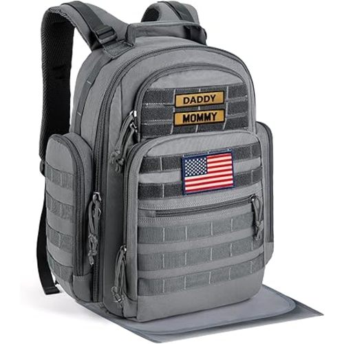 SHARKMOUTH Diaper Bag with Changing Pad - Large Military Baby Diaper Backpack for Hiking Travel Camping - Army Style for Men Active Dad Gray