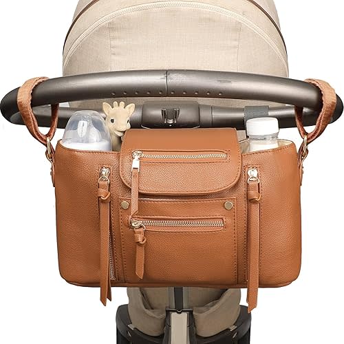 miss fong Stroller Organizer with Insulated Cup Holder Stroller Accessory Bag, Stroller Caddy Stroller Diaper Bag Stroller Storage with Adjustable Strap to Fit All Strollers (Brown)