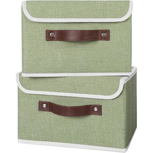 ANMINY 2PCS Storage Bins with Lid PU Leather Handles Storage Boxes PP Plastic Board Decorative Foldable Lidded Cotton Linen Fabric Home Cubes Baskets Closet Organizer Containers - Green, Small Size