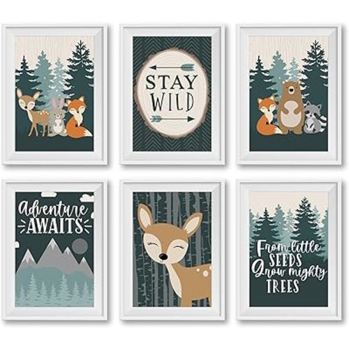 Hadley Designs 6 Reversible 8x10 Woodland Nursery Decor For Boys Prints, Baby Boy Nursery Decor, Woodland Wall Decor Baby Shower Decorations, Woodland Creatures Nursery Wall Art Decor