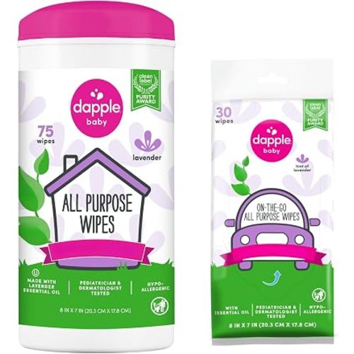 Dapple Baby All Purpose Wipes, Plant Powered, Hint of Lavender, Hypoallergenic, 75 Count Canister + 30 Count