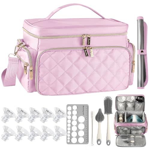 Breast Pump Bag Kit for Spectra S1/S2 with Flange Sizing Kit for 24mm | Pumping Bag with Bottle Brush Set, Nipple Ruler, Waterproof Mat, Portable Pump Carrying Case for Work Travel, Light Pink