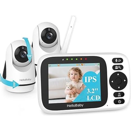 HelloBaby Baby Monitor 2 Cameras,Video Baby Monitors No WiFi with 3.2'' IPS Screen, Remote Pan-Tilt-Zoom Baby Camera Monitor,Plug&Play,Night Vision,1000ft,2-Way Talk, Temperature Display,ECO Mode
