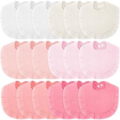 Kenning 18 Pcs Muslin Drool Baby Bibs Ruffle Absorbent Bib with Snap Button Boy Girl for Drooling Teething Infant Newborn