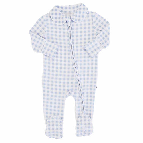 Peter Pan Collar Zipper Footie | Dusty Blue Gingham