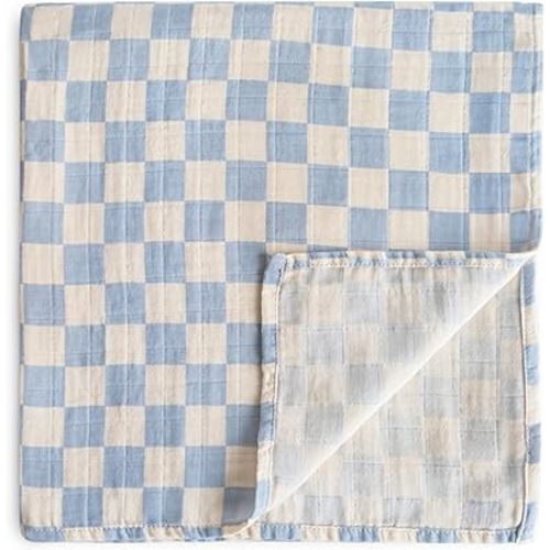 mushie Muslin Baby Swaddle Blanket | 100% Organic Cotton (Blue Check)