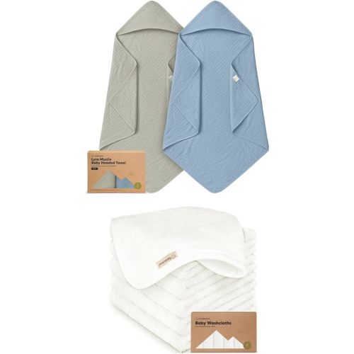 KeaBabies 2-Pack Muslin Hooded Baby Towels for Girls, Boys, and Baby Washcloths for Newborn, Toddlers - 100% Cotton Infant Bath Towel with Hood, Soft & Absorbent Washcloths for Toddlers