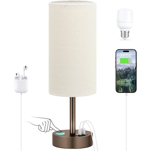 Beige Touch Table Lamp for Bedroom - 3 Way Dimmable Bedside Lamp with USB, Nightstand Lamp with Brown Charging Station for Desk, Dorm, Office
