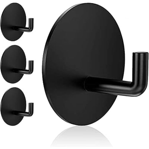 Adhesive Hooks Heavy Duty Waterproof in Shower Hooks for Hanging Loofah, Towels, Clothes, Robes for Bathroom Removable Adhesive Wall Hooks Door Hook Stainless Steel Black Stick on Hooks 4 Pcs