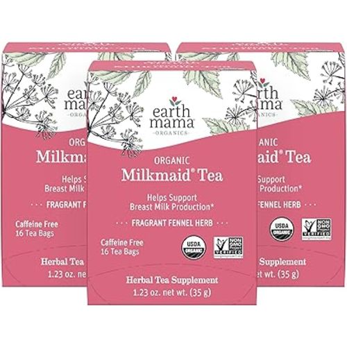 Earth Mama Milkmaid Lactation Tea | 100% Organic, Herbal Breastfeeding Tea Supports Breastfeeding + Breast Milk Supply Production, 16 Teabags Per Box (3-Pack)