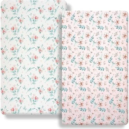 Pack n Play Flat Sheet 2 Piece Mini Crib Sheet Elastic Playard Sheet Set Portable Sheet Set Elastic Convertible Playmat Compatible Graco Pack n Play (Owl and Tree Bag) (Pink Flowers)