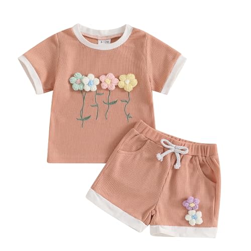 Baby Girl Clothes Waffled Flower Outfits Short Sleeve Round Neck Tops Rib Knit Shorts Toddler Girl Summer Clothes