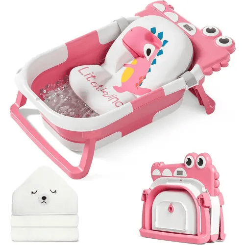 MoreFeel Collapsible Baby Bathtub for Newborn with Thermometer & 1 Hooded Towel & 1 Soft Floating Cushion,Portable Travel Bathtub with Drain Hole, Durable Foldable Baby Tubs for Infants to Toddler