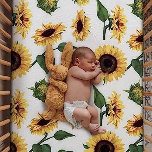 Soft Fitted Crib Sheet, Stretchy and Breathable Toddler Crib Sheet for Boys and Girls, Fits Standard Crib and Toddler Mattress (Sunflower)