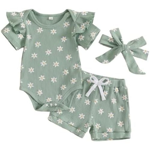 Newborn Infant Baby Girls Summer Outfit Ribbed Short Sleeve Romper + Floral Elastic Waist Shorts + Headband Sets