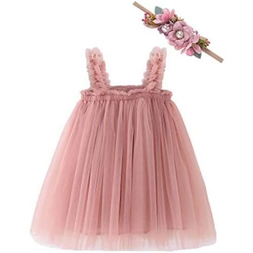 Bow Dream Baby Girls Toddler Tutu Dress Infant Tulle Dress Party Princess Dress with Flower Headband Dusty Rose