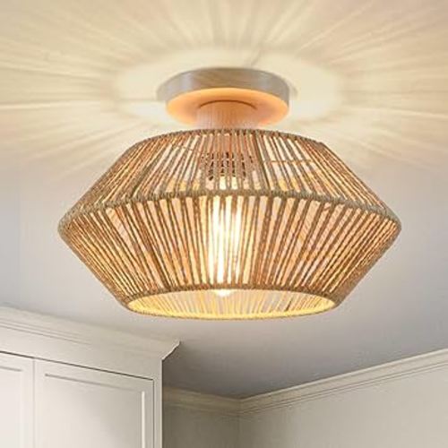 Woven Rattan Light Fixture Ceiling Mount, 12.7'' Small Semi Flush Mount Boho Chandelier, Farmhouse Natural Hand-Worked Cage Rattan Chandelier for Bedroom Nursery Kitchen Hallway Entryway