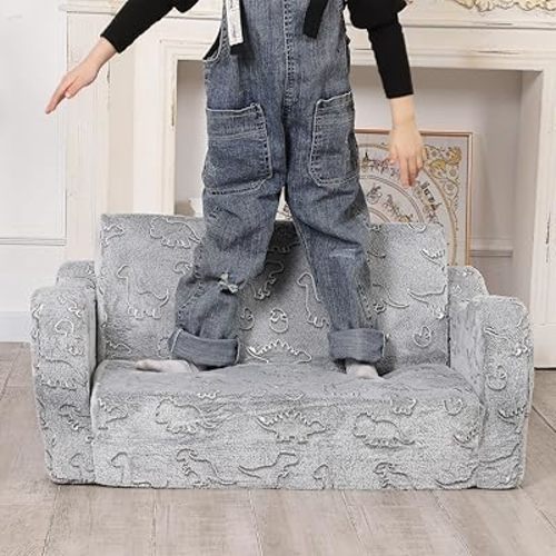 Kids Extra Wide Glow in The Dark Chairs for Toddler, 2-in-1 Toddler Soft Sherpa Couch Fold Out, Convertible Sofa to Lounger for Girls and Boys, Dark Grey