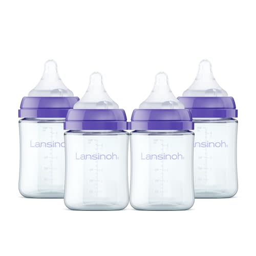 Lansinoh Anti-Colic Glass Baby Bottles, 5 Ounces, 4 Count, Includes 4 Extra Slow Flow Nipples (Size XS, Newborn), Baby Essentials