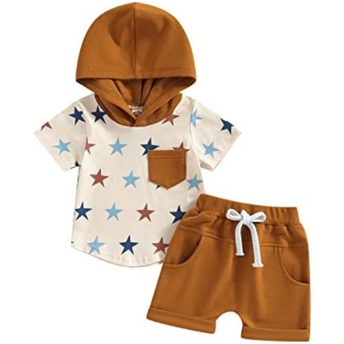 Toddler Baby Boy Summer Outfit Short Sleeve Hooded Stripes Top Casual Shorts Set Infant Newborn Clothes 6 12 18 24 Month