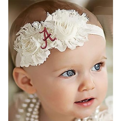 Alabama Crimson Tide Baby Shabby Flower Hair Bow Headband - White