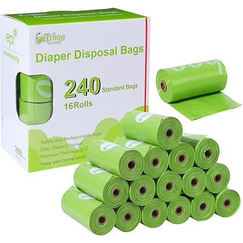 Diaper Bags Disposable for Baby, 16 Refill Rolls/240 Bags OXO-Biodegradable Waste Bags,Dirty Disposable Diaper Bags,Diaper Trash Bags,Green