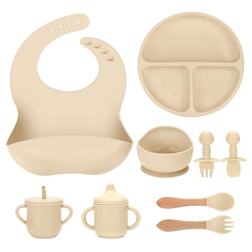 Silicone Baby Feeding Set 9 Pcs, Spill-Proof Suction Plate, Bowl, Bib, Silicone spoon&forks, Wooden Spoons&forks, Training cup with straw and Sippy Cup, Baby Eating Utensils (Beige)