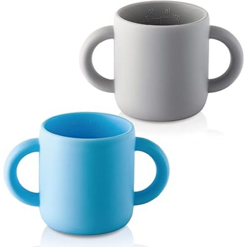 2 Pack Silicone Training Cup for Infants, Drinking Toddler Cup for Baby and Toddler - Boy Learner Cup Transition Cup 5 Oz(Blue/Gray) 6+ months