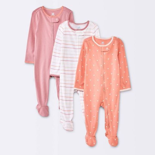 3pk Baby Girls' Hearts Cotton Sleep N' Play - Cloud Island™ Pink, Size: Newborn