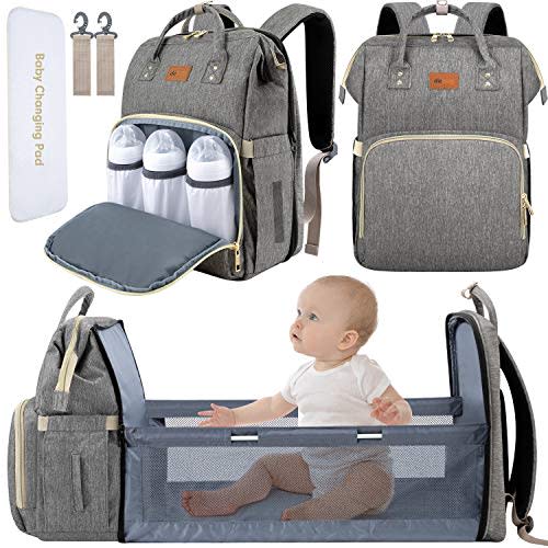 DEBUG Baby Diaper Bag Backpack with Changing Station Diaper Bags for Baby Bags for Boys Girl Diper Bag with Bassinet Bed Mat Pad Men Dad Mom Travel Waterproof Stroller Straps Large Capacity Grey