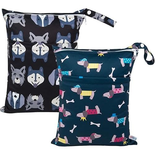 ALVABABY 2pcs Cloth Diaper Wet Dry Bags Waterproof Reusable with Two Zippered Pockets Travel Beach Pool Daycare Soiled Baby Items Yoga Gym Bag for Swimsuits or Wet Clothes L93107
