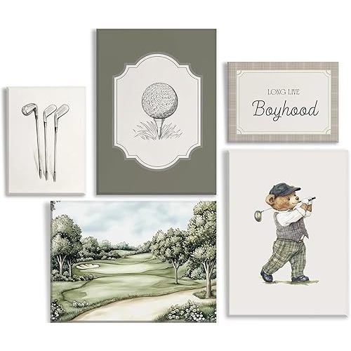 Vintage Nursery Wall Art Kids Room Canvas Wall Decor Animal Pictures Cute Duck and Woodland Bear Posters Neutral Floral and Sailboat Painting Print Artwork for Baby Boy Girl Room Playroom, Framed