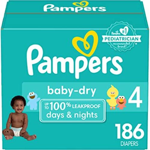 Pampers Baby Dry Diapers - Size 4, One Month Supply (186 Count), Absorbent Disposable Diapers