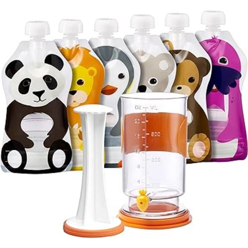 The Filling Station: Squooshi Food Pouch Filler + 6 Large 5 oz Reusable Pouches for Baby Food Puree Storage and Snack Food Pouches