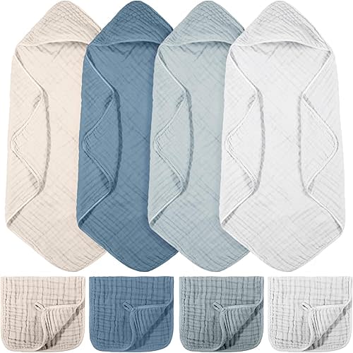8 Pcs Baby Muslin Hooded Bath Towels and Washcloths, 32 x 32 Inch Muslin Cotton Hooded Baby Towels Absorbent Hooded Blankets for Gift Newborn Infant Shower (Blue,White)
