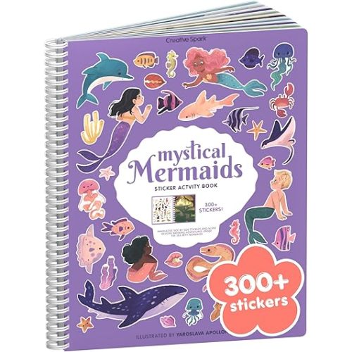 Mystical Mermaids 300+ Kids Sticker Book by Cupkin Toddler Travel Activity Coloring and Sticker Book, Road Trip Essentials, 8 Coloring Pages 8 Side by Side Scenes for Ages 2–8 Years