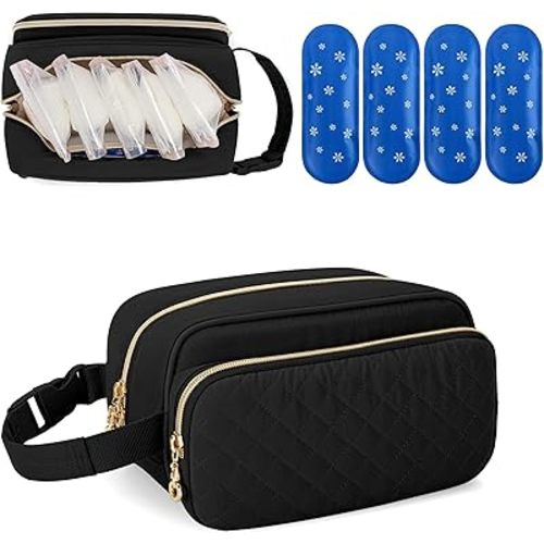 Damero Breastmilk Cooler Bag with 4 Ice Packs, Breast Milk Cooler Travel Bag Fit for Milk Bags or Bottles, with Buckle Handle for Breastfeeding Moms Travel/Daycare, Black