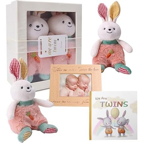 Twins Baby Items Set for Girl and Boy - Plush Rabbit 2-Piece Set and Twin Baby Storybook (with Photo Frame)