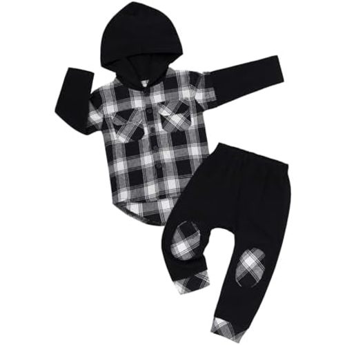 DONWEN Toddler Baby Boy Clothes Plaid Long Sleeve Patchwork Hoodie Top + Pants 2pcs Fall Winter Outfits Set