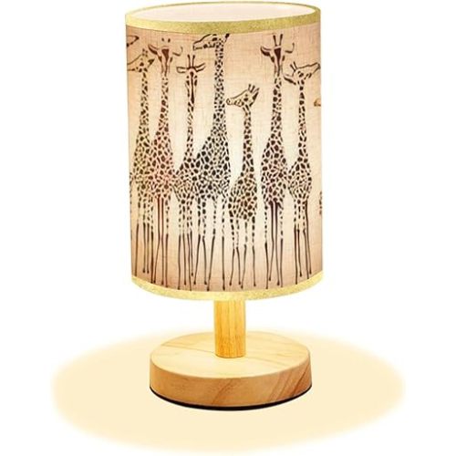 Minimalist Bedside Table Lamp Giraffes Wood Nightstand Lamp Bedside Desk Lamp Wood Base Flaxen Fabric Shade for Bedroom Living Room, 5.5x11inch