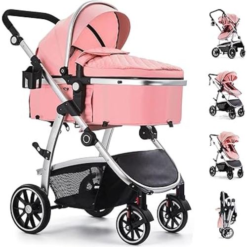 Hagaday Baby Stroller, 2-in-1 Reversible Toddler Seat with Bassinet Mode, Foldable Infant Stroller with Canopy, One Button Brake, Adjustable Handle, Newborn Pushchair(Pink)