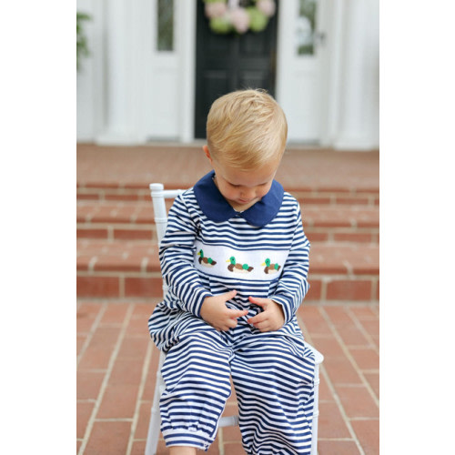 Navy Knit Stripe Smocked Mallard Long Romper - Cecil and Lou