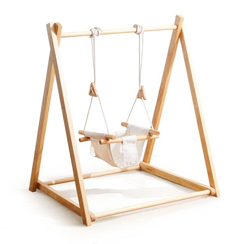 ROMSPRI Baby and Toddler Foldable Wooden Swing Set with Stand, Foldable Indoor Baby Swing Set with Seat Belt, Extension Straps for Toddlers Aged 6-36 Months Perfect for Home,Child Daycare, Preschool