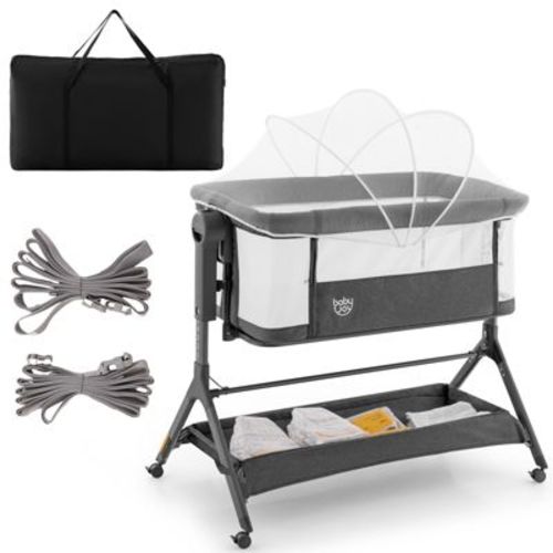 Safstar 3 In 1 Baby Bedside Bassinet W/storage Basket, Universal Wheels, Adjustable Height, Mattress, Net & Portable Bag, Carriable Crib, Gray