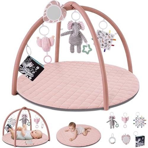 Blissful Diary Baby Play Gym Mat, Tummy Time Activity Mat with 6 Detachable Toys for Skill Development, Baby Essentials Gift, Soft Pink