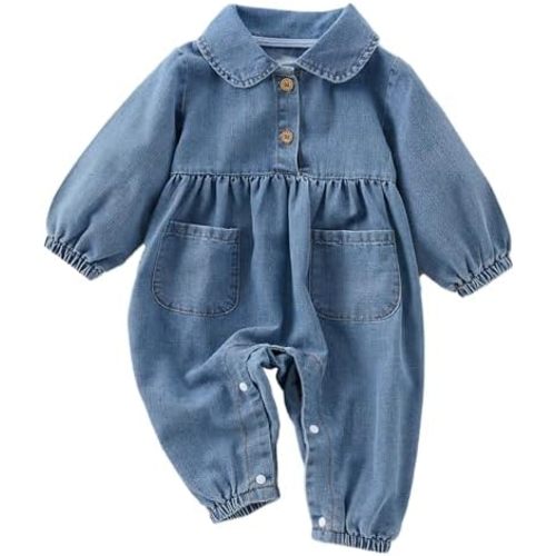 Unisex Newborn Baby Denim Outfit Button Up Shirt with Oversized Lapel Long Sleeve Bubble Romper
